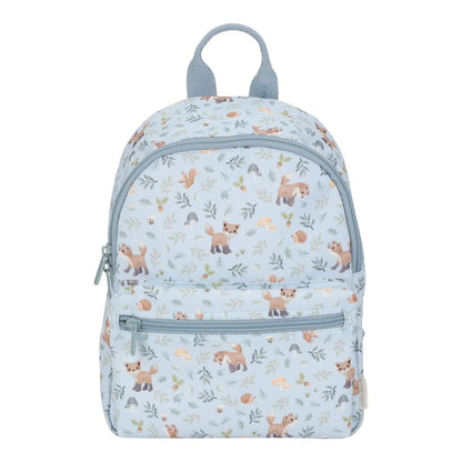 Little Dutch Kinderrucksack aus der Forest Friends Kollektion in Hellblau – mit Fuchs-, Igel- und Pilz-Motiv, ideal für Kindergarten und Kita