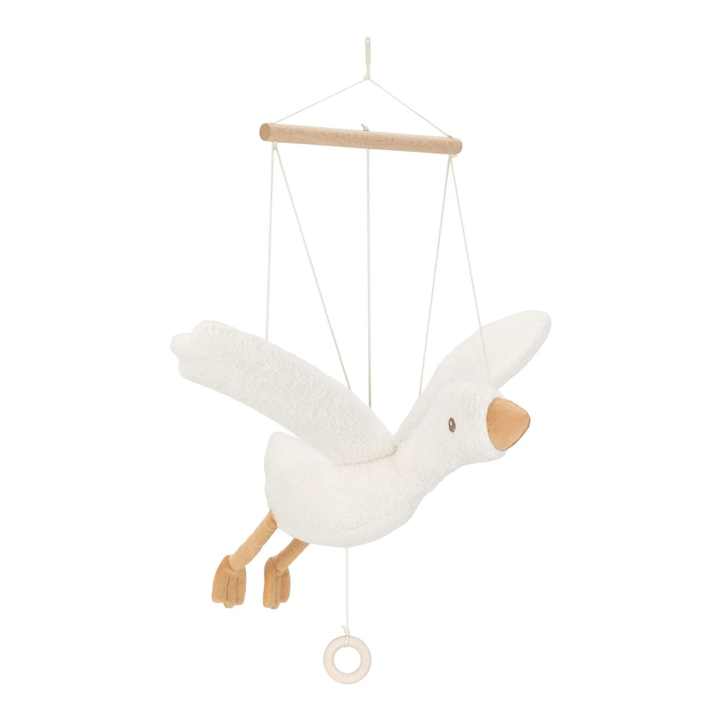 Little Dutch schwebende Gans aus der Little Goose Newborn Collection – plüschige Deko-Gans in Seitenansicht mit ausgebreiteten Flügeln, Holzaufhängung und Holzring für Kinderzimmer und Wickelbereich
