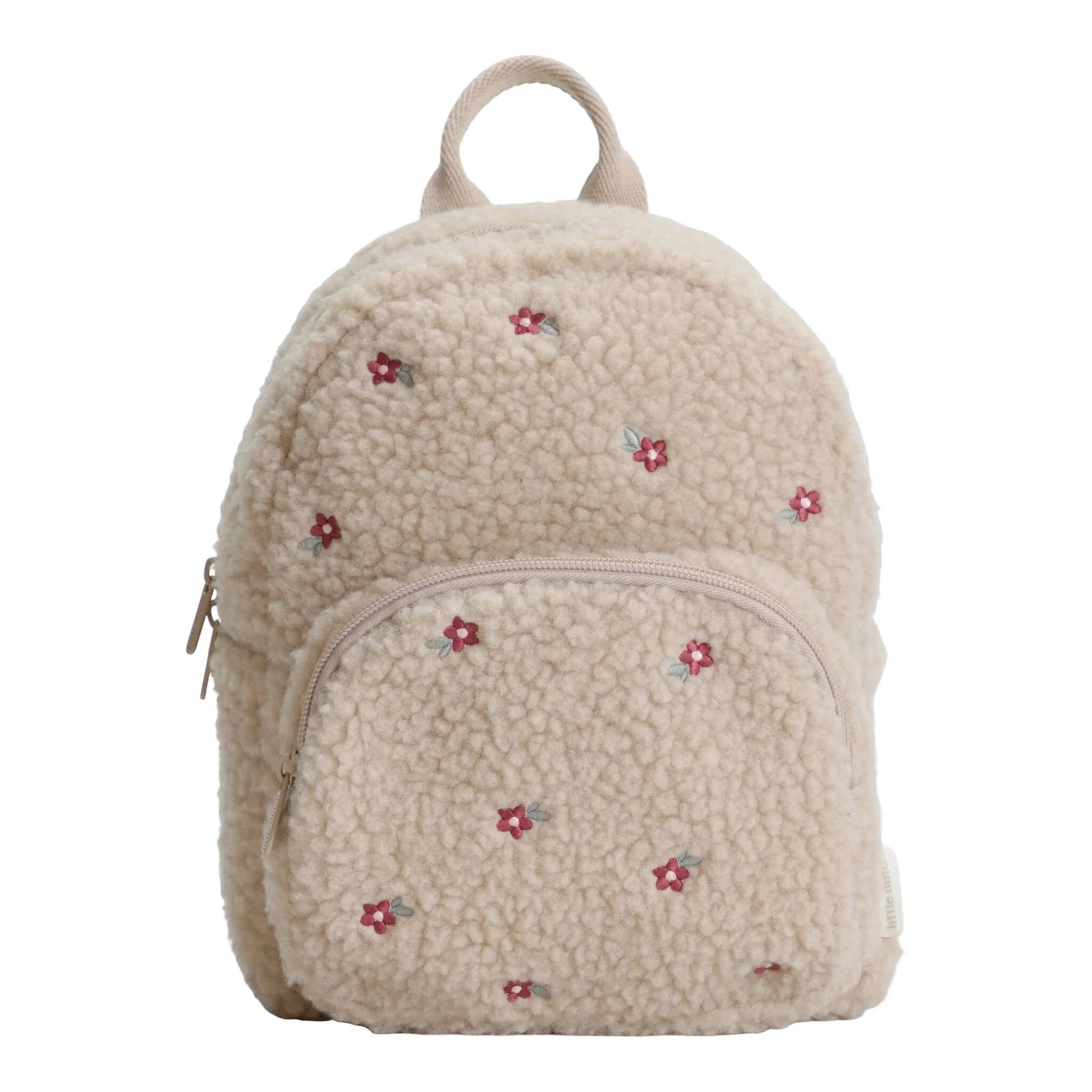 Little Dutch Teddy-Rucksack „Sand“ – Kinderrucksack aus weichem Teddyplüsch in Beige mit bestickten Blümchen, ideal für Kita und Kindergarten