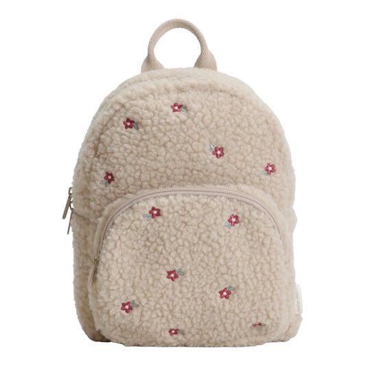 Little Dutch Teddy-Rucksack „Sand“ – Kinderrucksack aus weichem Teddyplüsch in Beige mit bestickten Blümchen, ideal für Kita und Kindergarten