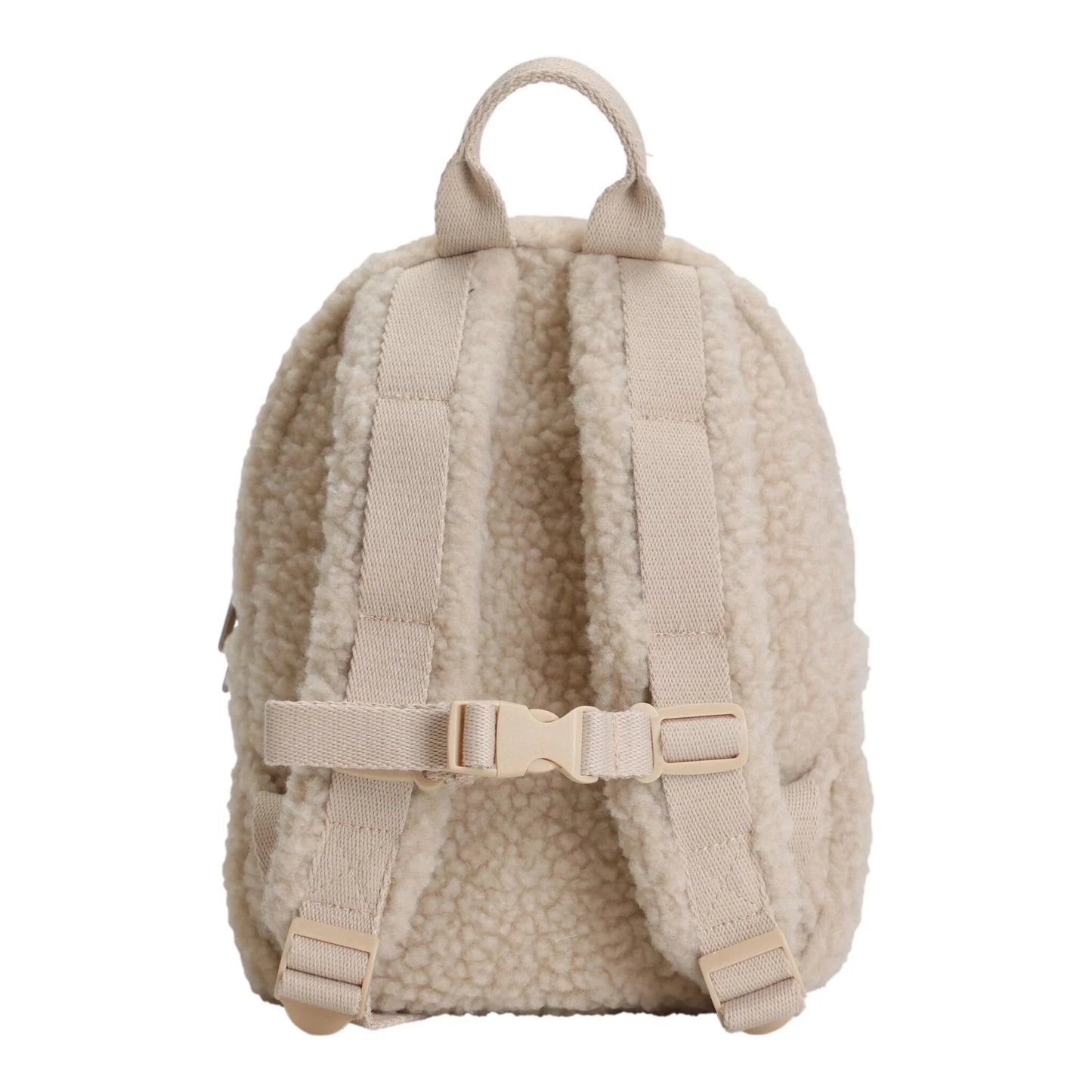 Little Dutch Teddy-Rucksack „Sand“ Rückansicht – Kinderrucksack aus weichem Teddyplüsch in Beige mit gepolsterten Trägern und Brustgurt