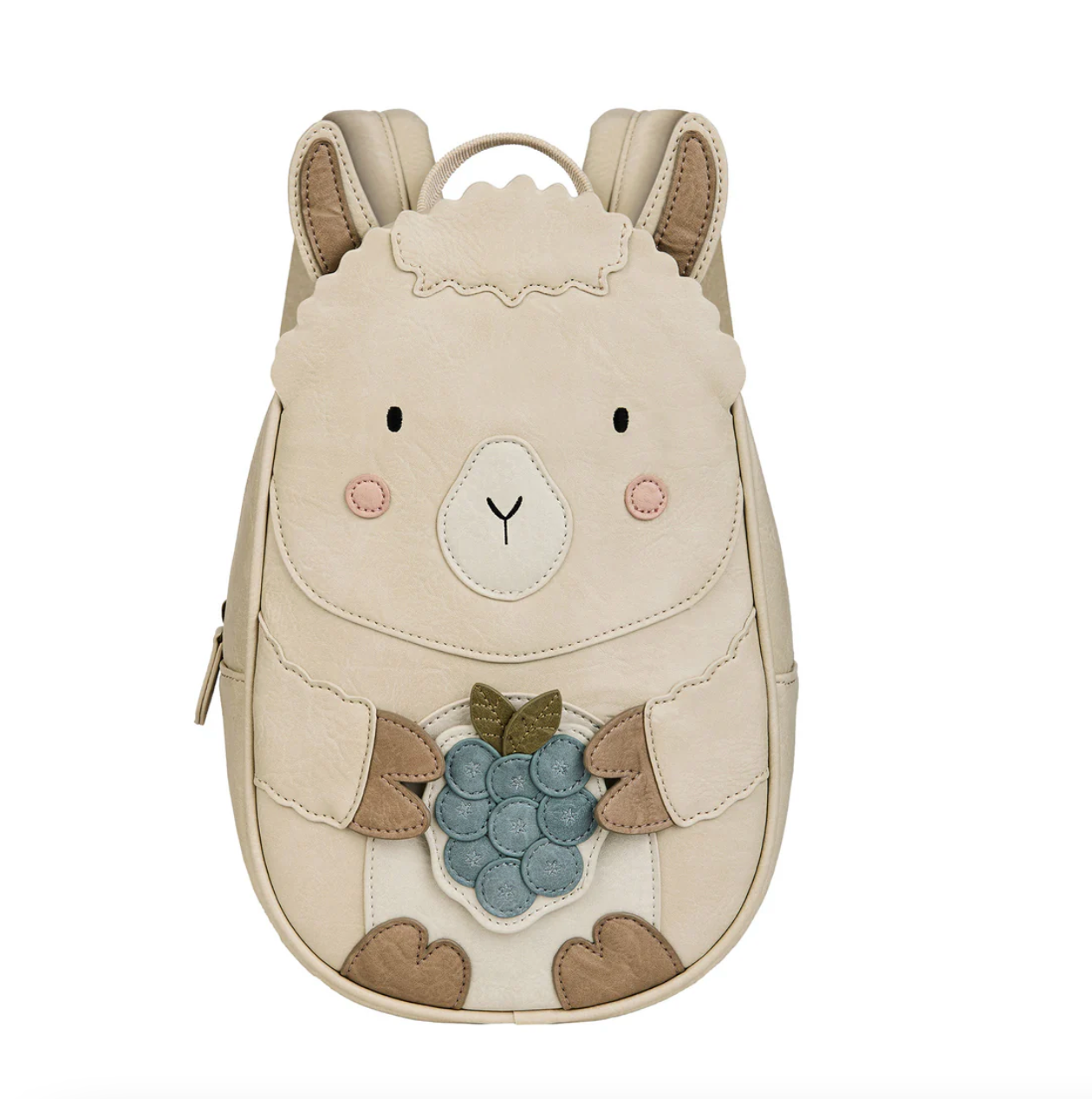 Little Who Rucksack Alpaka Lille groß Detailansicht mit Beeren-Patch – Kinderrucksack für Kita und Ausflug