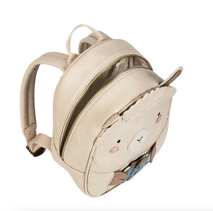 Little Who Rucksack Alpaka Lille groß Seitenansicht mit abnehmbarem Patch – Kinderrucksack für Kita und Ausflug