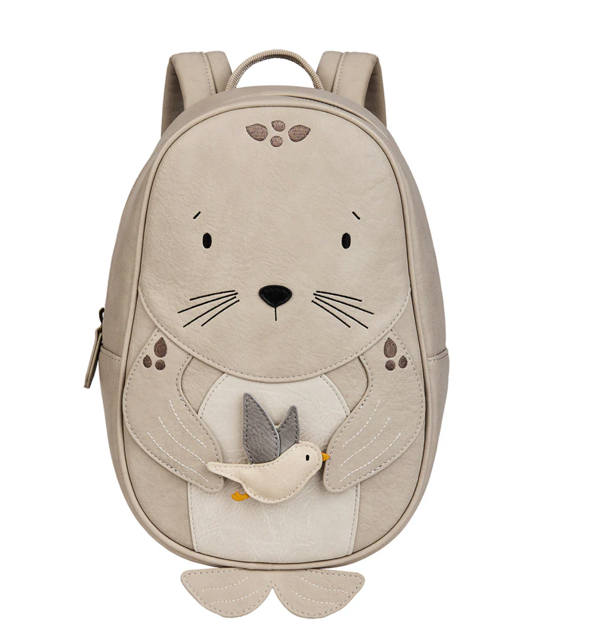 Little Who Rucksack Seerobbe Levi Detailansicht mit Vogel-Patch – Kinderrucksack für Kita und Ausflug