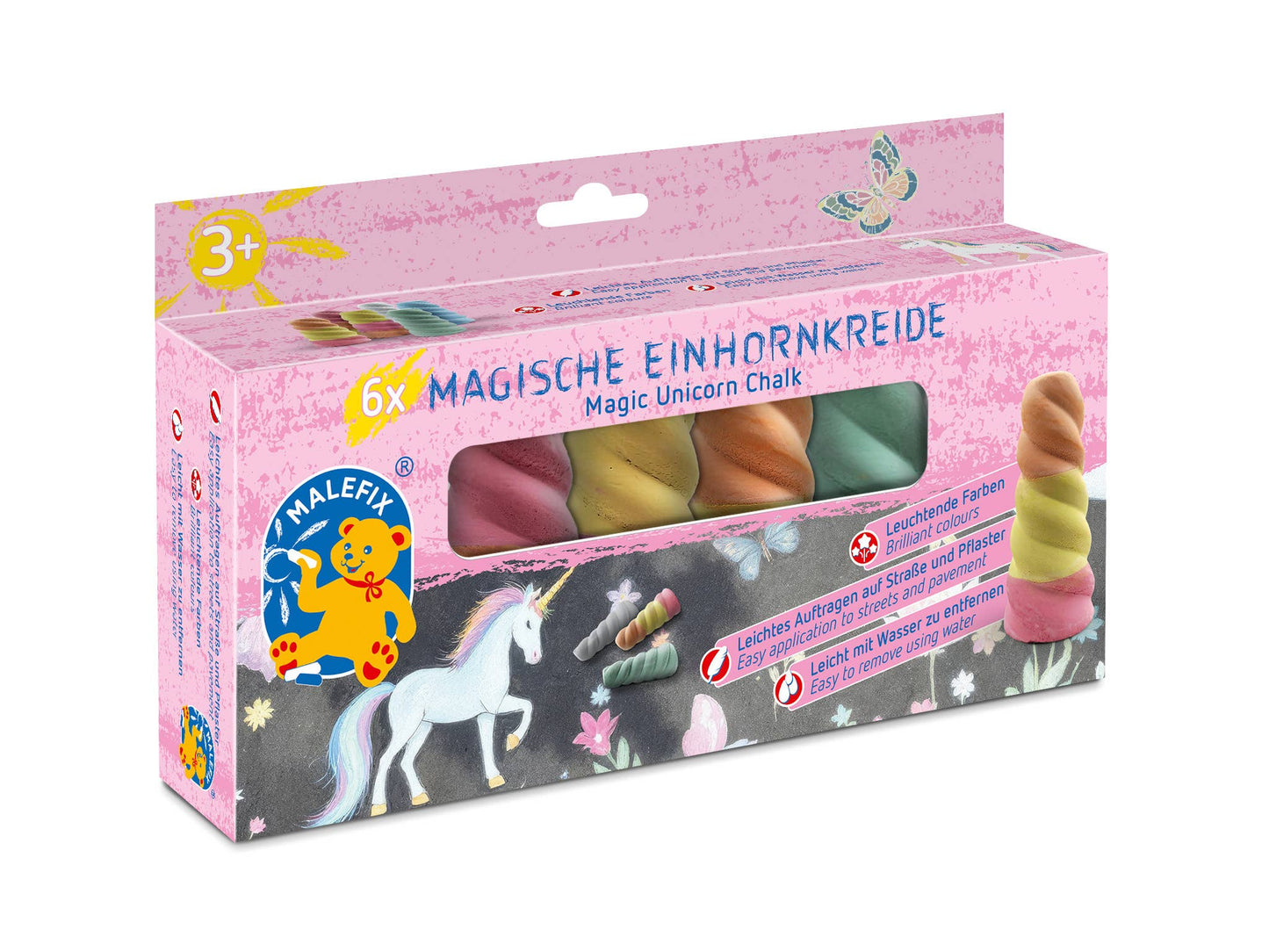 Malefix Magische Einhornkreide von Pustefix – Verpackung des 6er-Sets Straßenkreide in Einhornhorn-Form mit pastellfarbenem Einhorn-Design, ab 3 Jahren