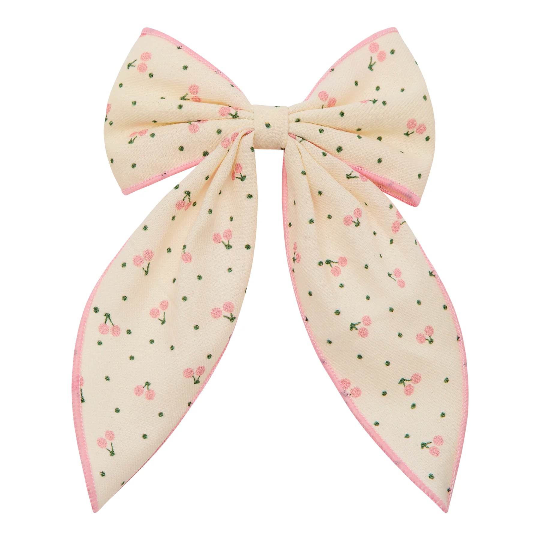Haar-Schleife „Cherry" von Mimi & Lula, große cremefarbene Stoffschleife mit Kirsch-Print und rosa Rand, freigestellt vor weißem Hintergrund – kinderfreundlicher Haarschmuck und liebevolle Geschenkidee