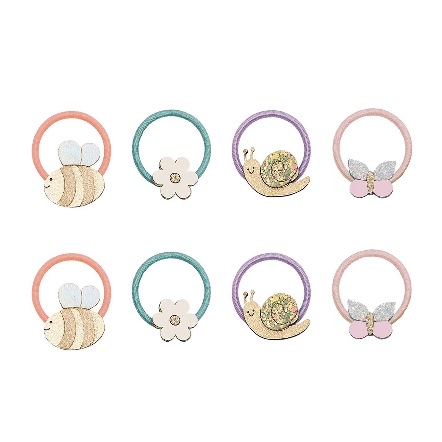 Kleine Haargummis mit Frühlings-Motiven von Mimi & Lula, 8er Set mit Biene, Blume, Schnecke und Schmetterling aus Glitzer- und Stoffapplikationen auf rosa, türkis, lila und apricot farbenen Haargummis – verspielter Haarschmuck für Kinder und liebevolle Geschenkidee