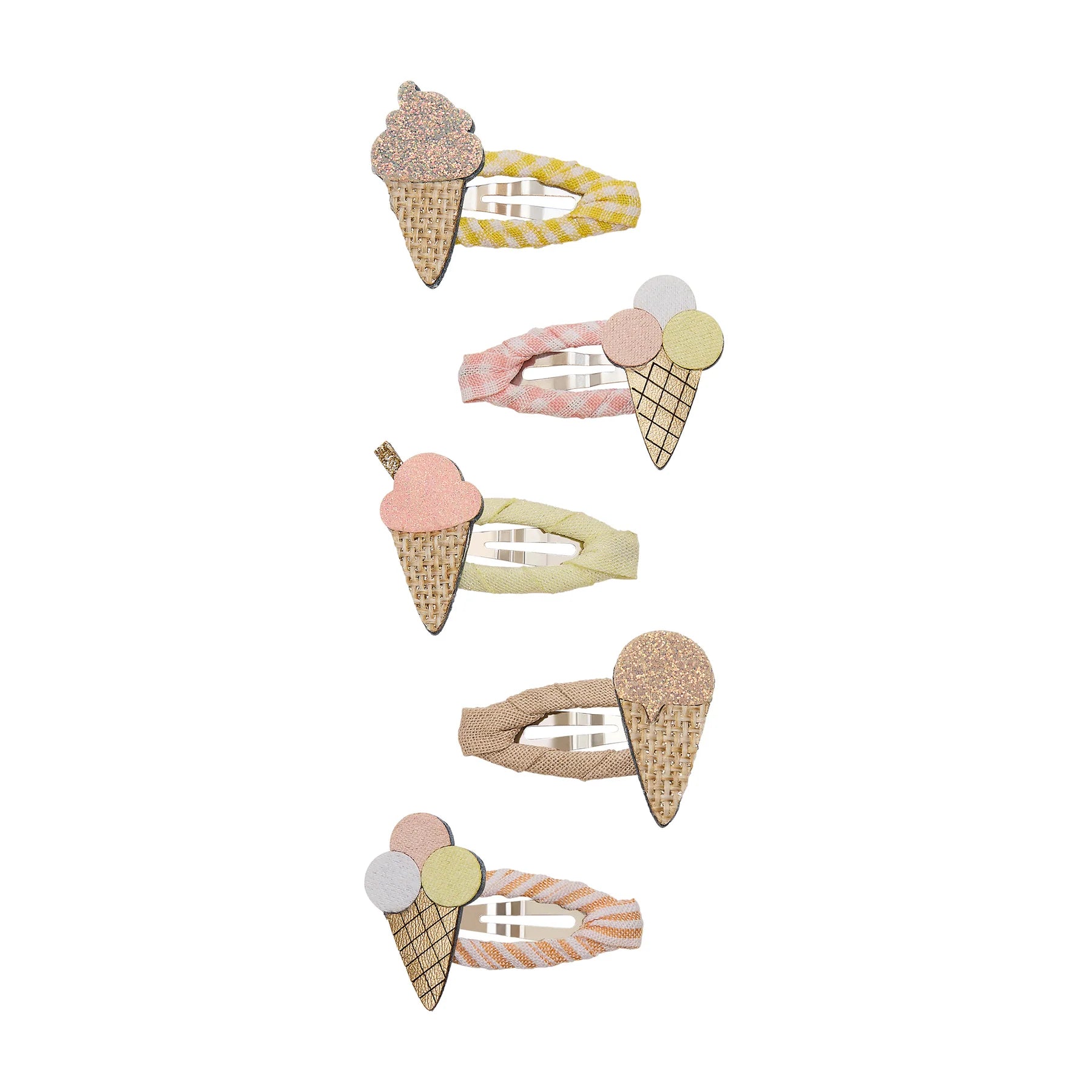 Haarspangen mit Eis-Motiv von Mimi & Lula, 5er Set mit Eistüten und Eishörnchen in Pastelltönen wie Rosa, Gelb und Creme mit Glitzer-Details, aufgereiht und freigestellt vor weißem Hintergrund – kinderfreundlicher Haarschmuck und liebevolle Geschenkidee