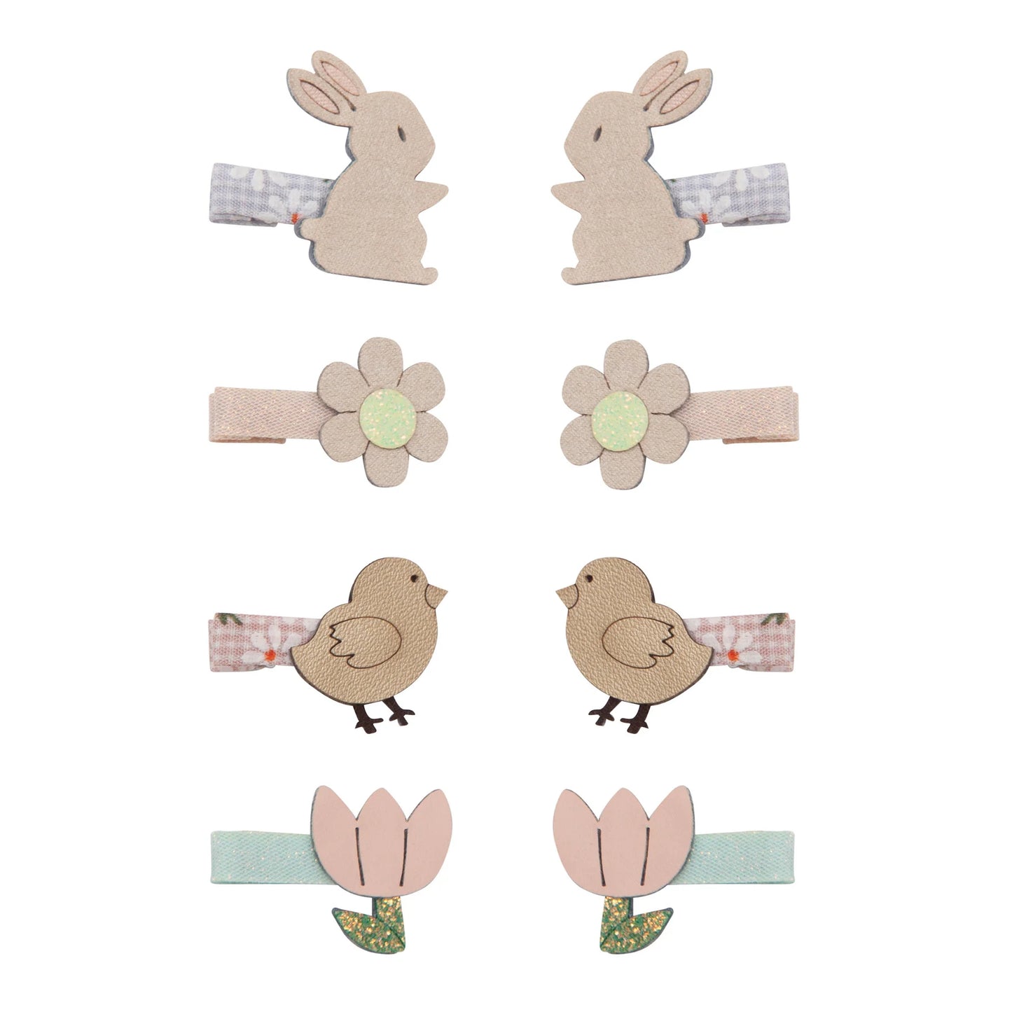 Kleine Osterhasen-Haarspangen von Mimi & Lula, 8er-Set mit Hasen, Blumen, Vögeln und Tulpen in zarten Pastelltönen, aufgereiht und freigestellt vor weißem Hintergrund – frühlingshafter Haarschmuck für Kinder und liebevolle Geschenkidee zu Ostern