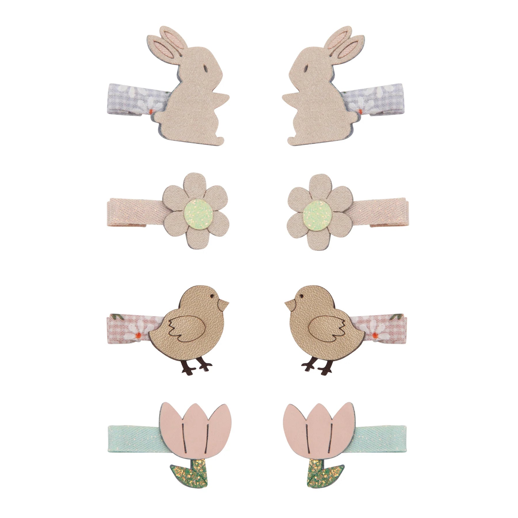 Kleine Osterhasen-Haarspangen von Mimi & Lula, 8er-Set mit Hasen, Blumen, Vögeln und Tulpen in zarten Pastelltönen, aufgereiht und freigestellt vor weißem Hintergrund – frühlingshafter Haarschmuck für Kinder und liebevolle Geschenkidee zu Ostern