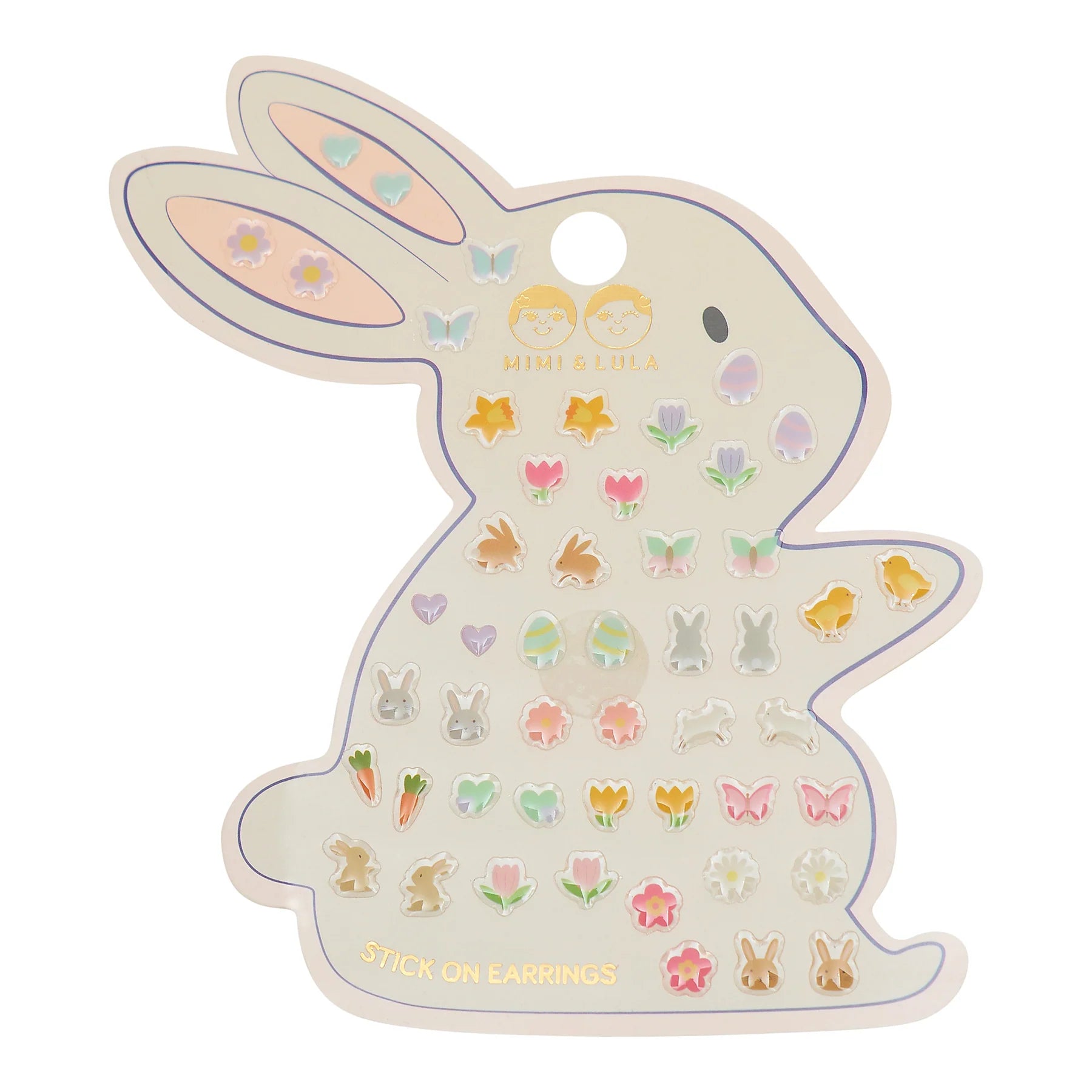 Ostern-Klebeohrringe von Mimi & Lula auf hasenförmiger Verpackungskarte mit vielfältigen Oster-Motiven wie Hasen, Küken, Karotten, Tulpen, Eiern und Schmetterlingen, freigestellt vor hellem Hintergrund – kinderfreundlicher Schmuck und liebevolle Geschenkidee zum Osterfest