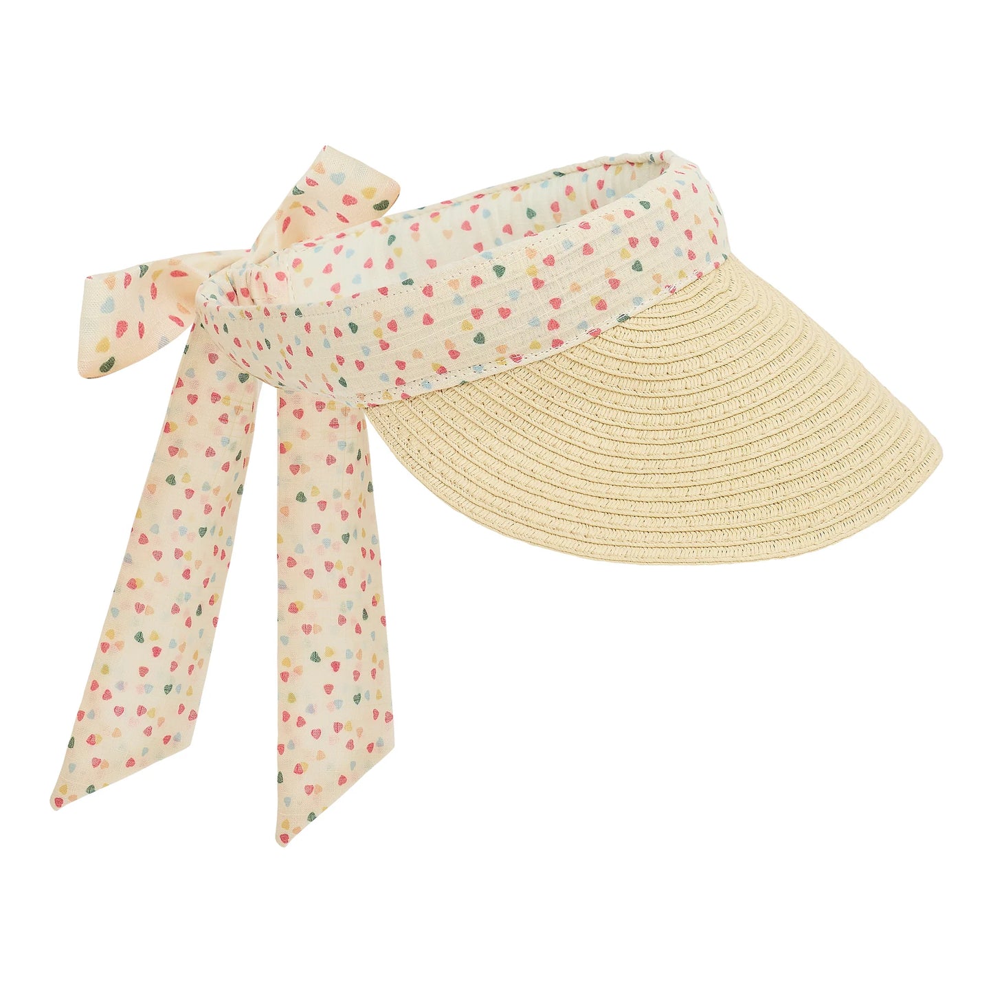 Sommerliche Sonnenvisier-Mütze Heart Print Visor von Mimi & Lula mit Herz-Motiv und Schleife – stylische Stroh-Sonnenblende für Kinder