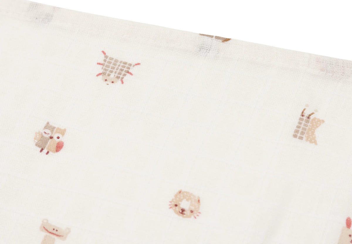 Mulltücher Animal Friends von Jollein im 3er Set – Stoffdetail mit niedlichen Tiermotiven