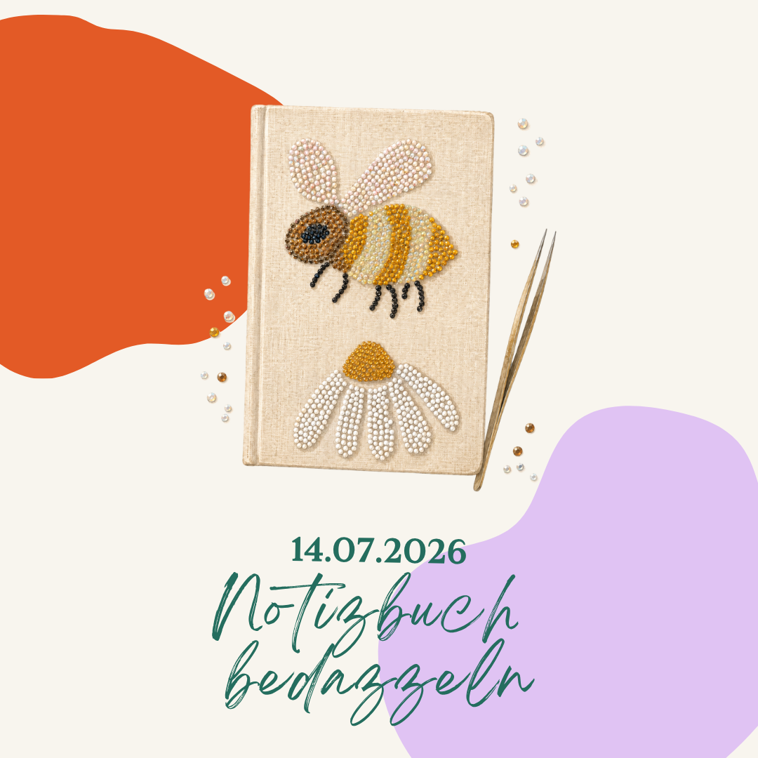 Titelbild Notizbuch bedazzeln – Kreativworkshop in Eschweiler bei Aachen am 14.07.2026 mit Bienen- und Blütenmotiv in Perlen-Optik