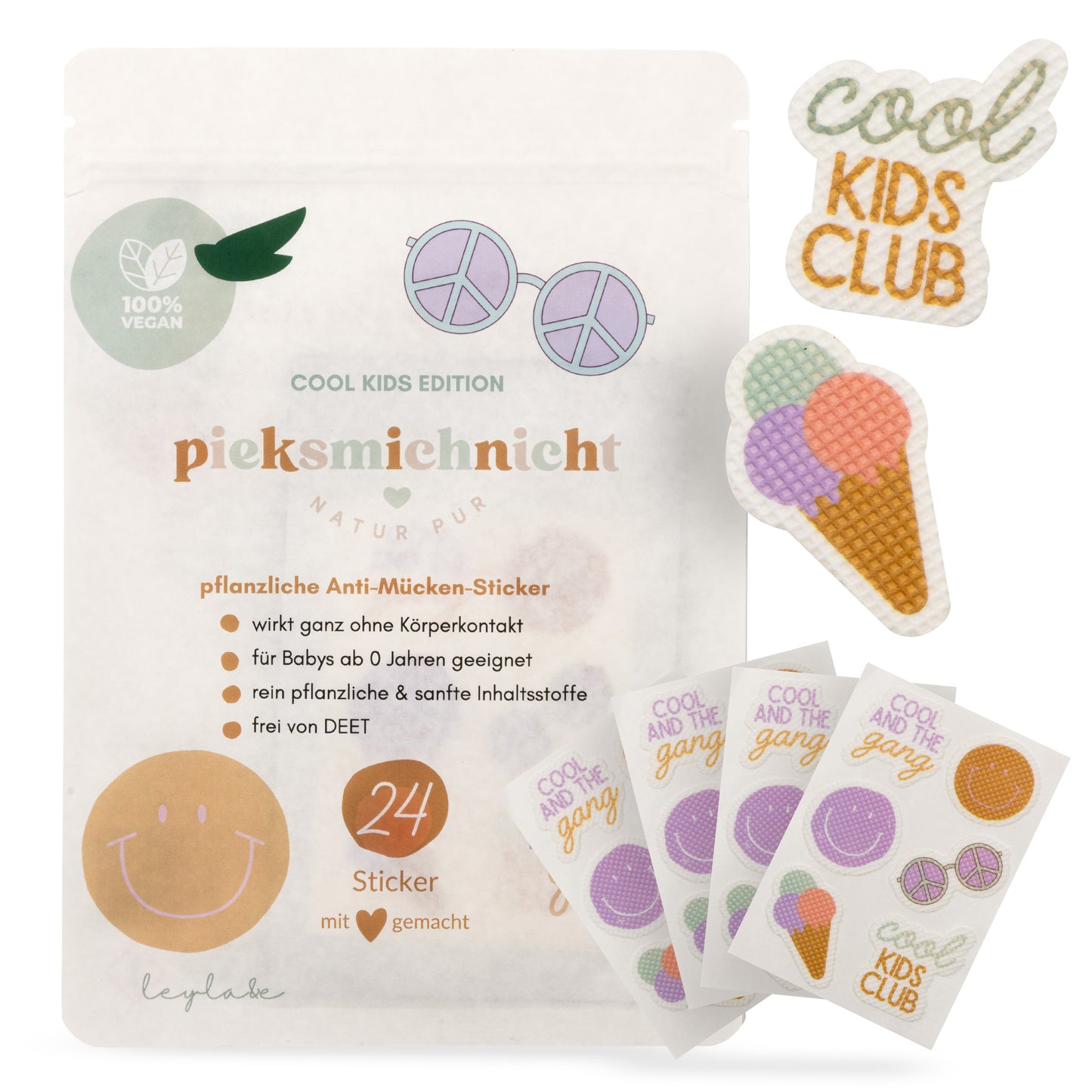 Pieksmichnicht Anti-Mücken-Sticker Cool Kids Edition mit Smiley- und Eis-Motiven für Kinder – pflanzlich, vegan und DEET-frei