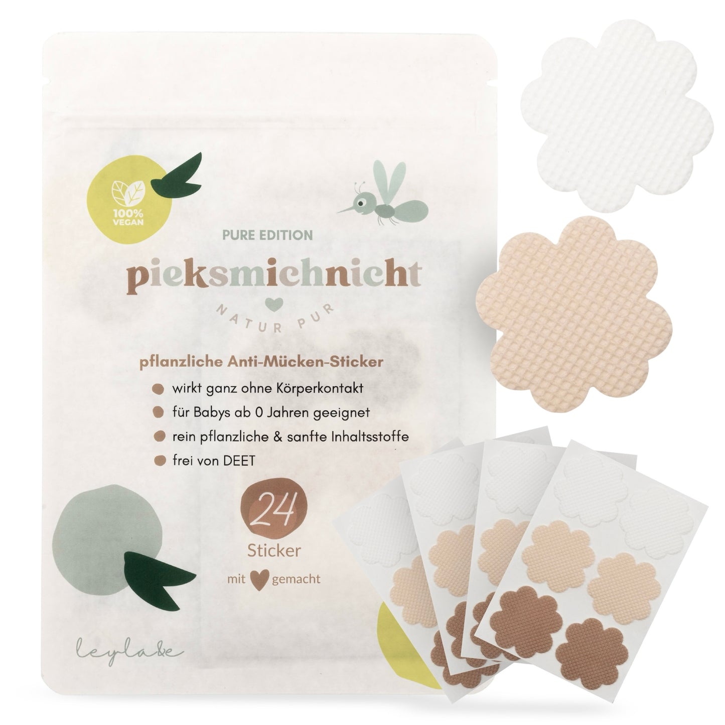 Pieksmichnicht Anti-Mücken-Sticker Pure Edition mit Blumen-Motiven für Kinder – pflanzlich, vegan und DEET-frei