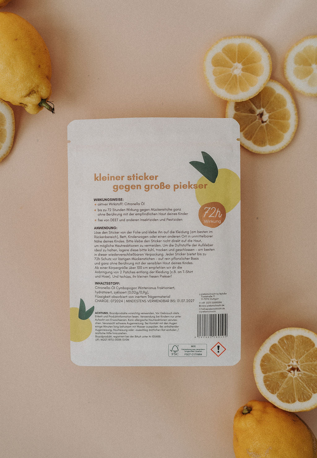 Pieksmichnicht Anti-Mücken-Sticker Space Edition – Rückseite mit Anwendung und Inhaltsstoffen