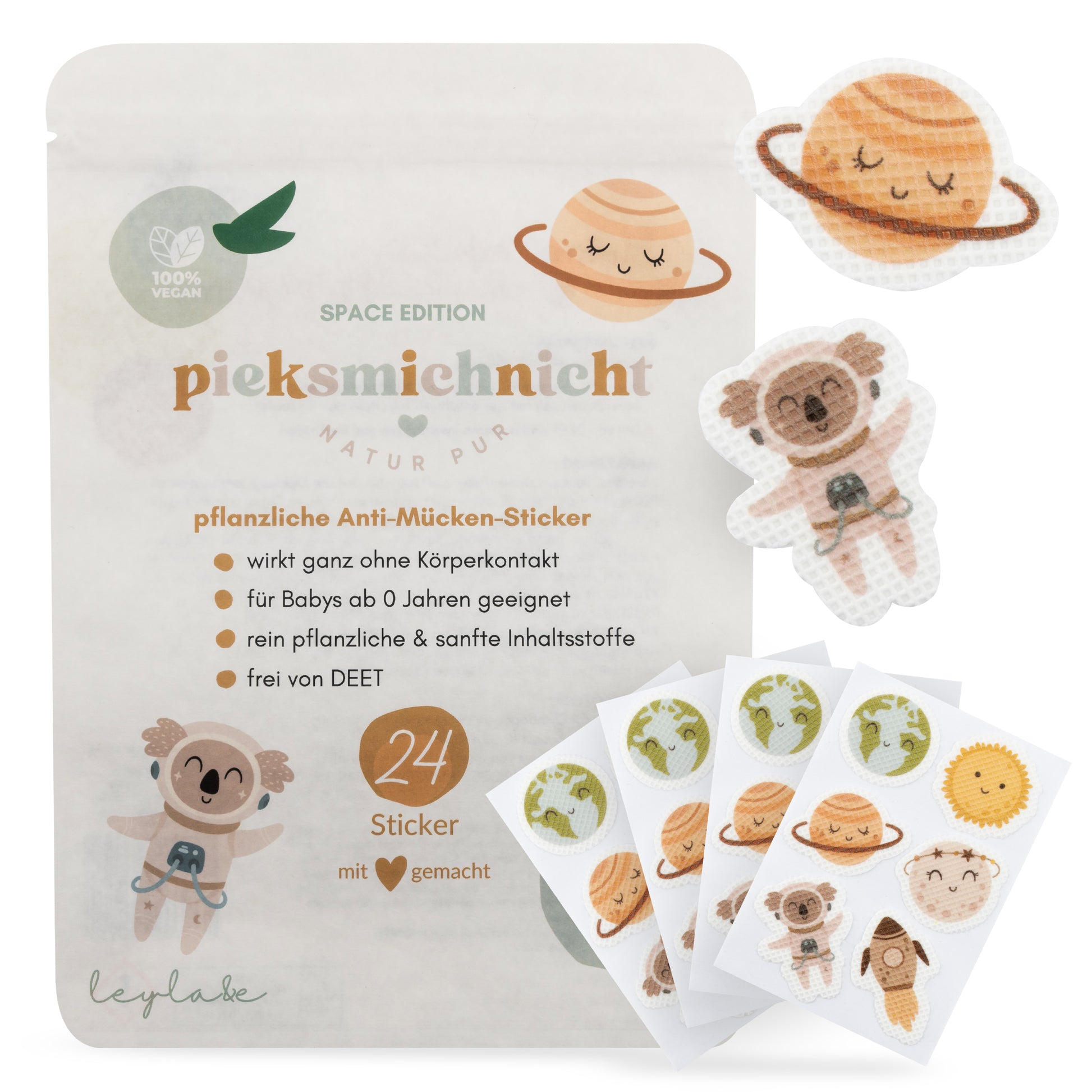 Pieksmichnicht Anti-Mücken-Sticker Space Edition mit Planeten-Motiven für Kinder – pflanzlich, vegan und DEET-frei