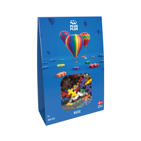 Plus-Plus Kreativbausteine in Basic mit 300 Stück – blaue Verpackung mit Heißluftballon-Motiv und Sichtfenster, Bausteine für Kinder ab 5 Jahren für 2D- und 3D-Bauwerke