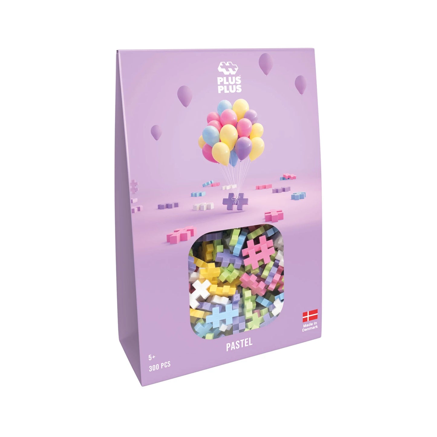 Plus-Plus Kreativbausteine in Pastell mit 300 Stück – lila Verpackung mit Luftballon-Motiv und Sichtfenster, Bausteine für Kinder ab 5 Jahren für 2D- und 3D-Bauwerke