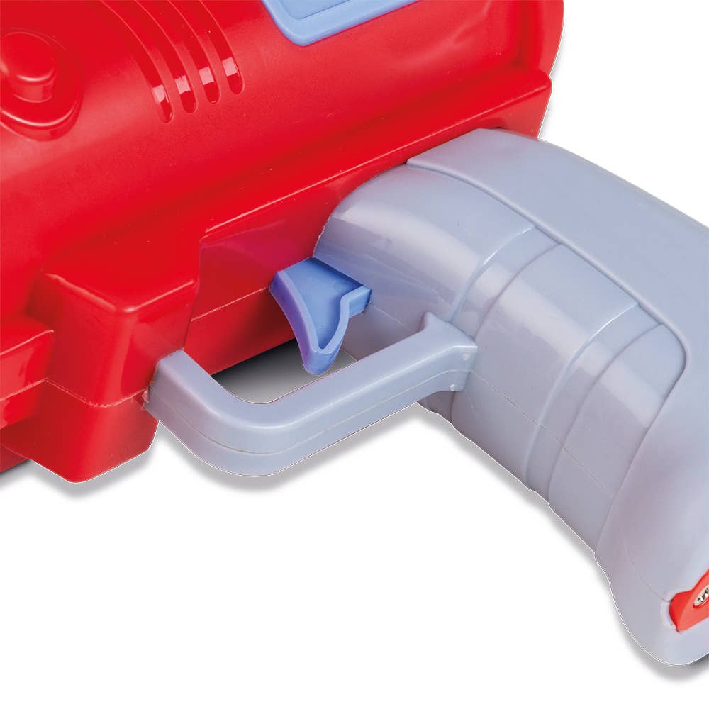 Pustefix Bubble Bazooka – Detailansicht des ergonomischen Griffs mit blauem Abzug für einfache Bedienung der Seifenblasenmaschine