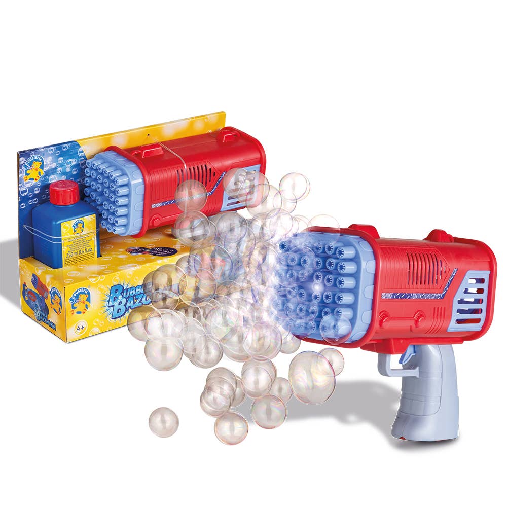 Pustefix Bubble Bazooka in Aktion – Seifenblasenmaschine erzeugt eine große Menge Seifenblasen, im Hintergrund Verpackung mit Nachfüllflasche