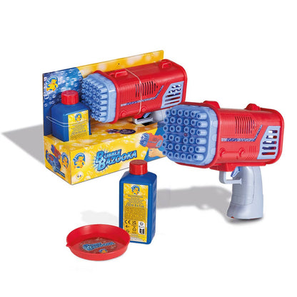 Pustefix Bubble Bazooka Komplettset – Seifenblasenmaschine mit Verpackung, Eintauch-Schälchen und 250 ml Seifenblasen-Nachfüllflasche