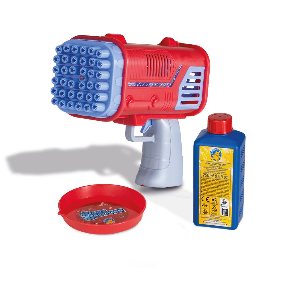 Pustefix Bubble Bazooka – Lieferumfang mit roter Seifenblasenmaschine, rotem Eintauch-Schälchen und 250 ml Seifenblasen-Nachfüllflasche