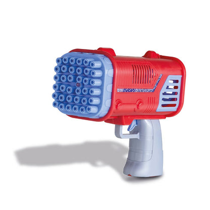 Pustefix Bubble Bazooka – Seifenblasenmaschine in roter Bazooka-Optik mit vielen blauen Düsen in der Frontansicht, ideal für Hochzeiten, Feste und Partys