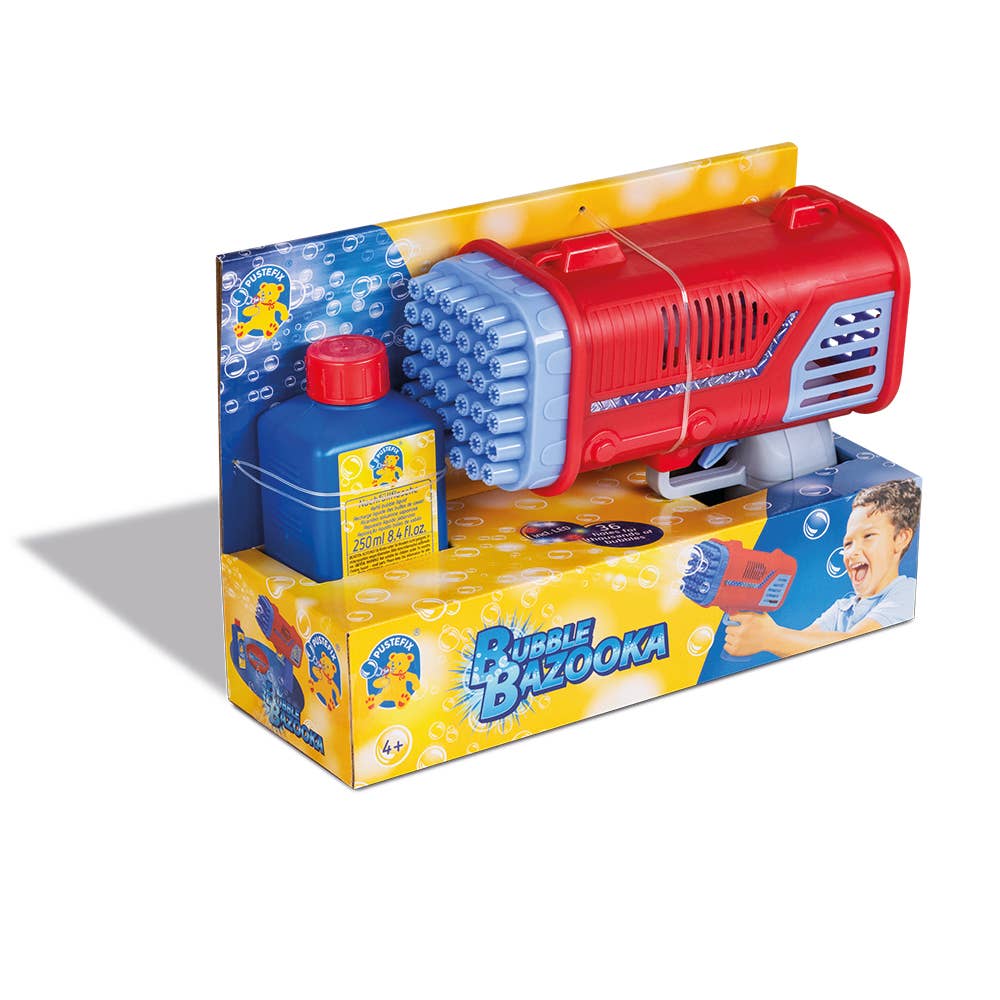 Pustefix Bubble Bazooka – leistungsstarke Seifenblasenmaschine in roter Bazooka-Optik mit blauer Nachfüllflasche in der Verpackung, perfekt für Hochzeiten, Feste und Partys, um viele Seifenblasen auf einmal zu erzeugen