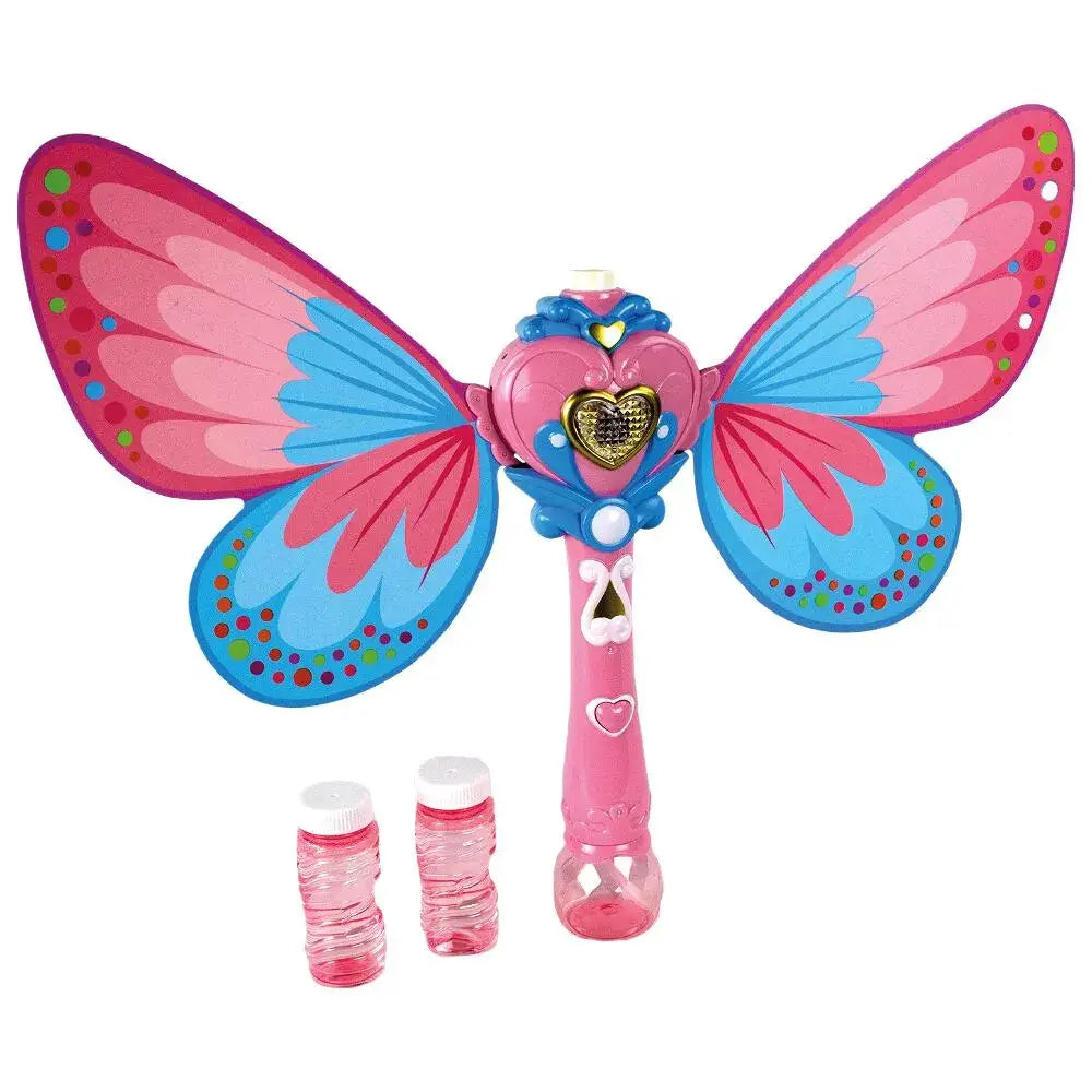 Pustefix Seifenblasenpistole als Schmetterling mit Sound und Licht – pinker Stab mit angesetzten bunten Schmetterlingsflügeln und zwei Seifenblasen-Nachfüllflaschen