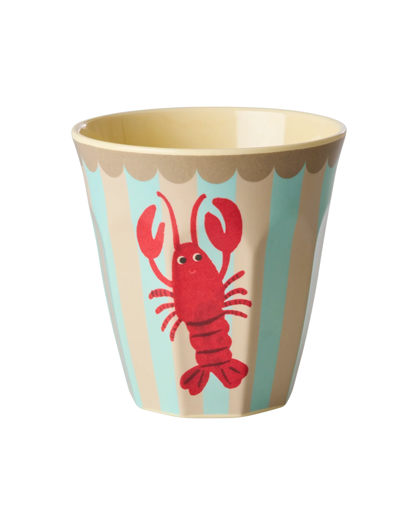 Mittelgroßer Becher „Lobster" mit Hummer-Motiv von Rice, 250 ml – Melamin-Becher mit rotem Hummer und pastellfarbenen Streifen