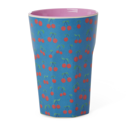 RICE großer Melamin-Becher Cherry Love in Blau mit Kirschen, 400 ml – Geschenk für Freundinnen