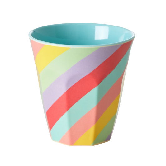 RICE Melamin-Becher mit bunten Regenbogenstreifen, Medium – Geschenk zur Einschulung