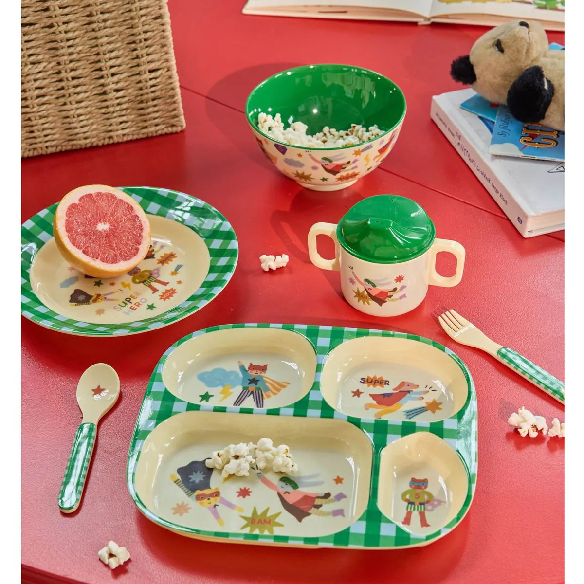 Rice Schüssel Hero Grün mit Superheld-Motiv aus Melamin – buntes Kindergeschirr-Set, perfekt für kleine Helden