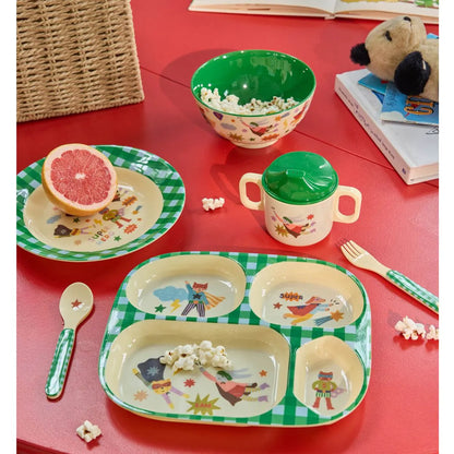 Rice Schüssel Hero Grün mit Superheld-Motiv aus Melamin – buntes Kindergeschirr-Set, perfekt für kleine Helden