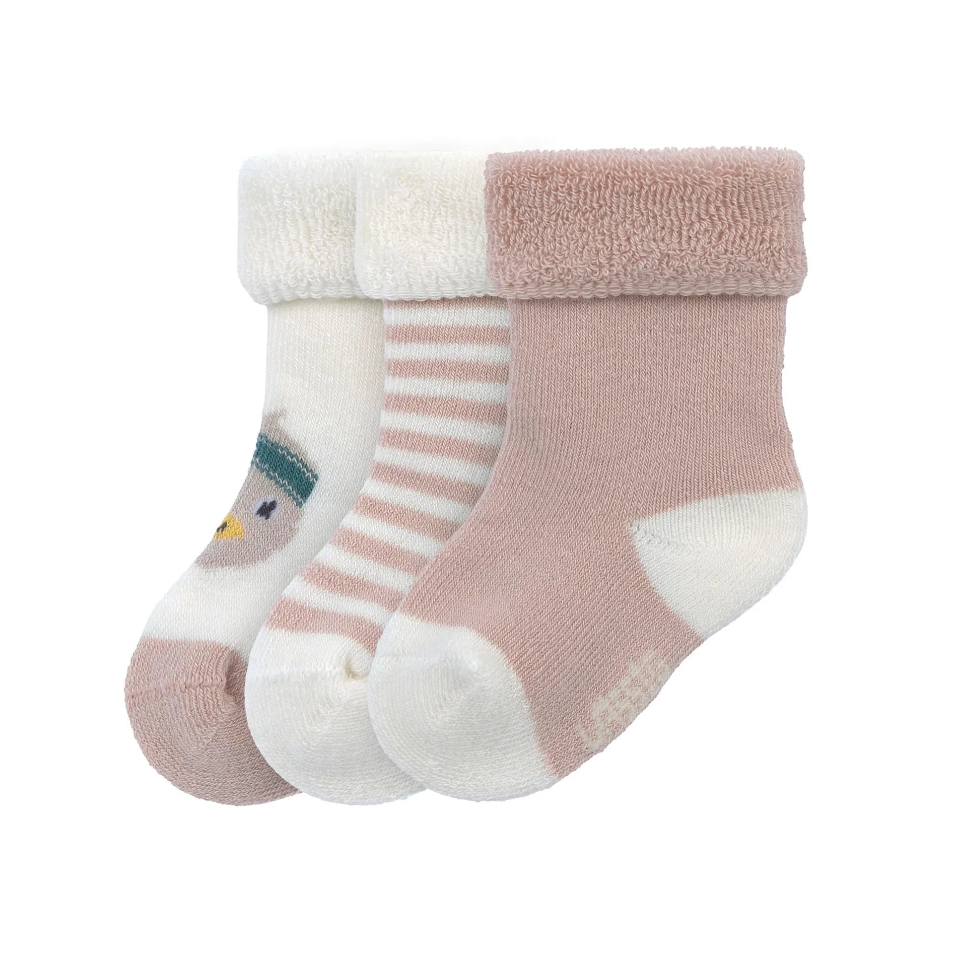 Rosa Babysocken „Ente" von Lässig im 3er Set – alle drei Modelle (Enten-Motiv, Streifen und Uni-Rosa) als weiche Erstlingssöckchen für Babys