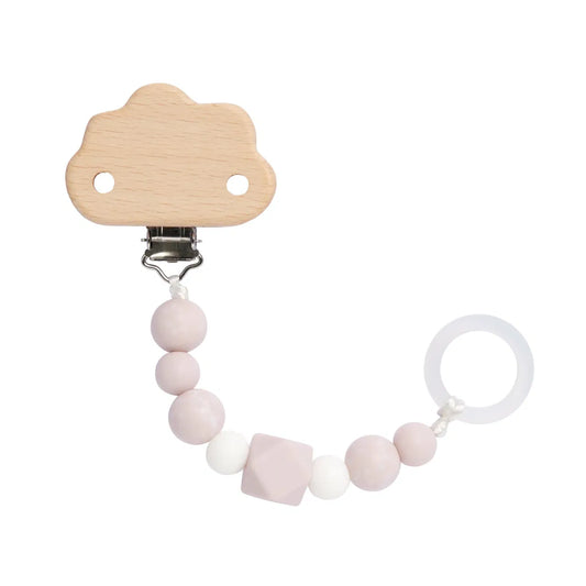 Rosa Schnullerkette „Little Universe“ von Lässig aus Holz und Silikon mit Wolken-Clip, rosa-weißen Perlen und Befestigungsring für Babys