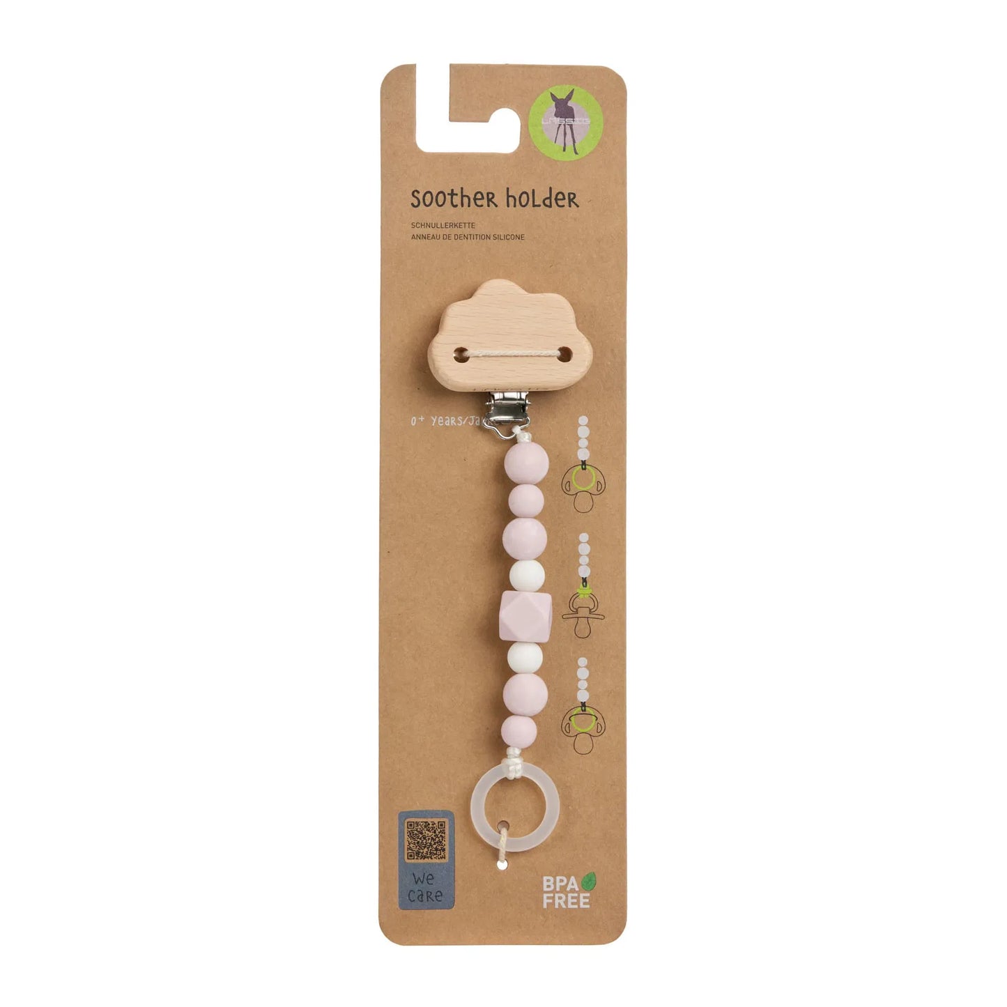 Rosa Schnullerkette „Little Universe“ von Lässig in Originalverpackung – BPA-freier Schnullerhalter aus Holz und Silikon für Babys