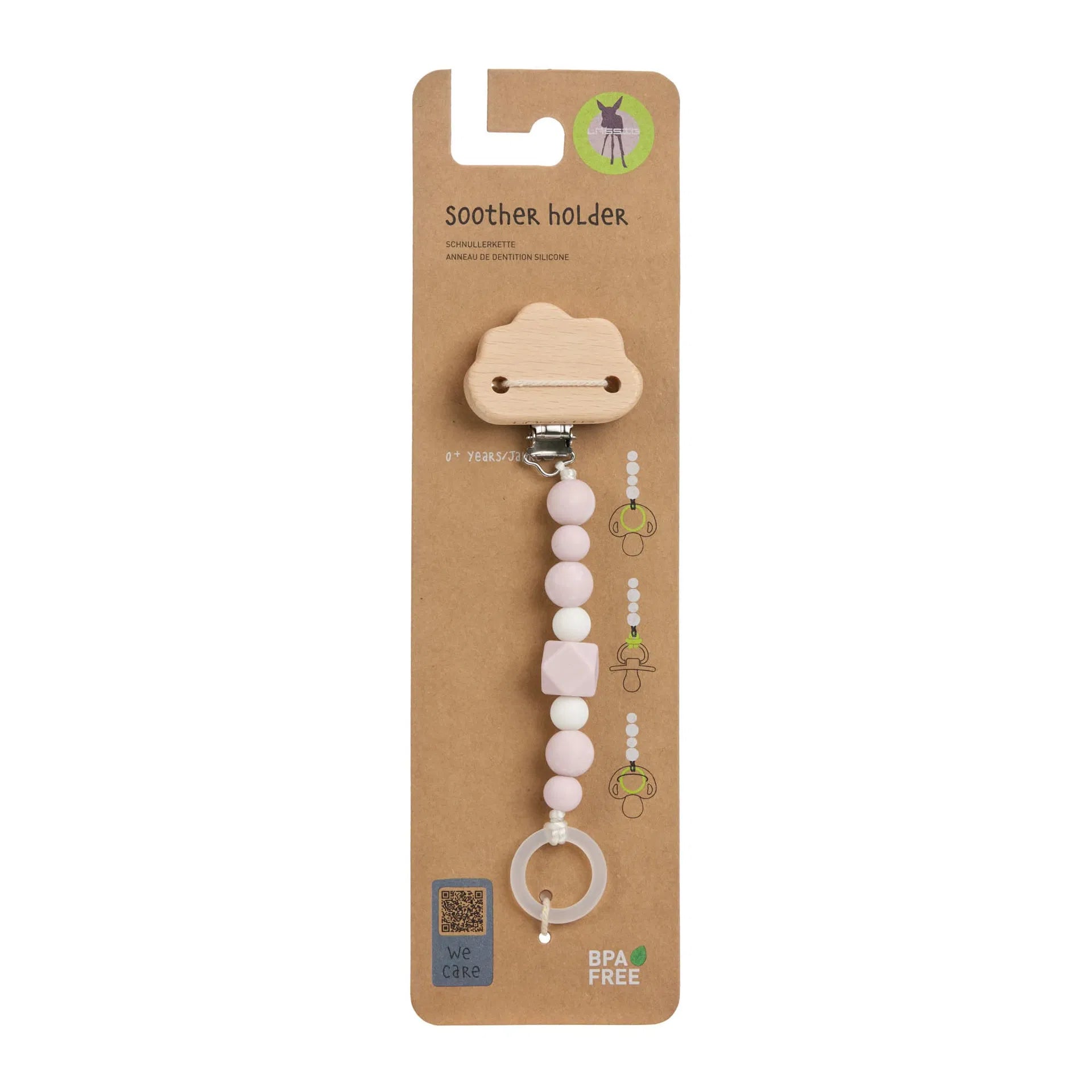 Rosa Schnullerkette „Little Universe“ von Lässig in Originalverpackung – BPA-freier Schnullerhalter aus Holz und Silikon für Babys