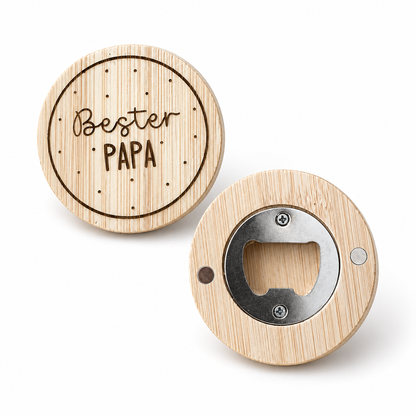 Runder Holz-Flaschenöffner mit Gravur „Bester Papa“ – Vorder- und Rückseite mit Metallöffner als Geschenkidee zum Vatertag