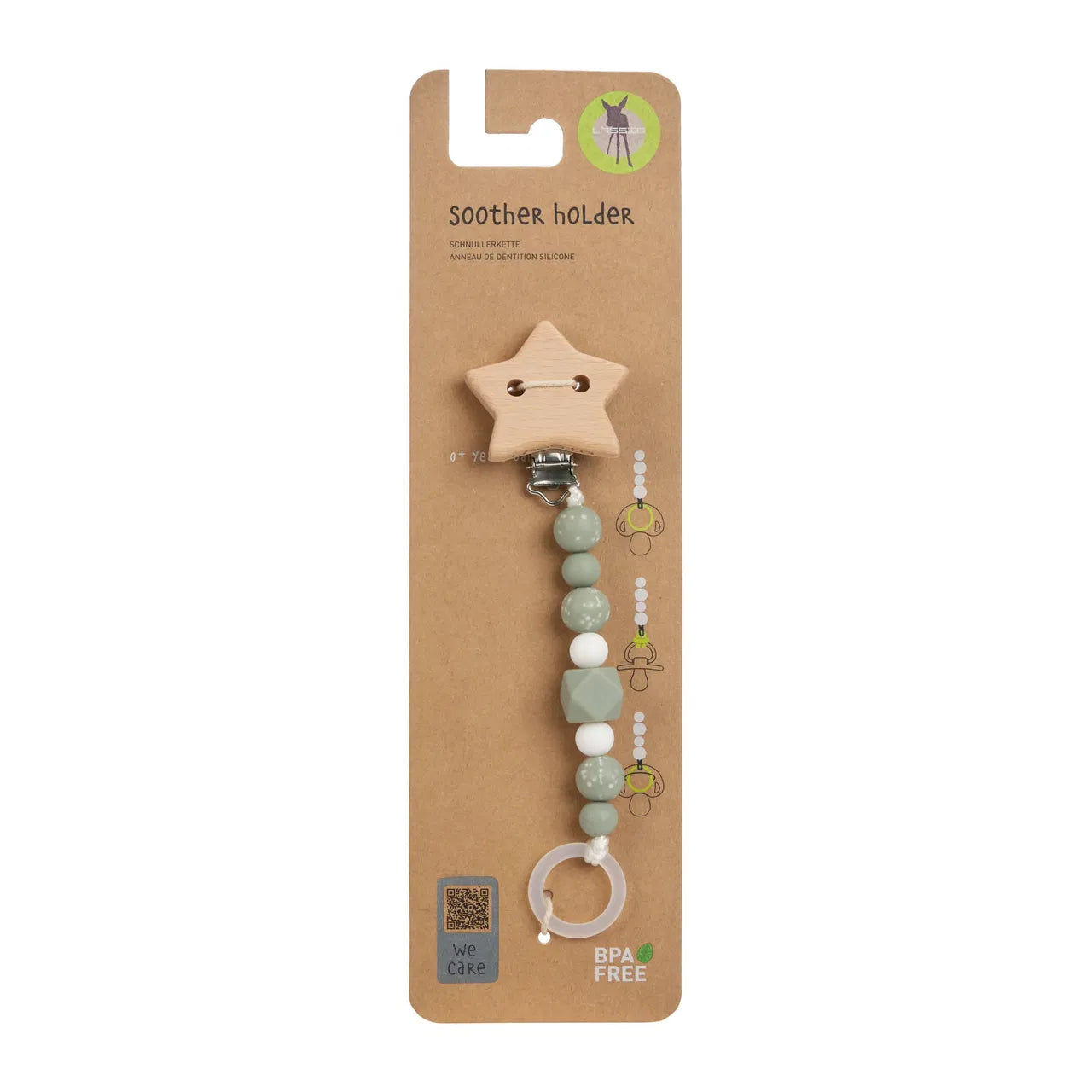Mintgrüne Schnullerkette Little Universe von Lässig aus Holz und Silikon mit Sternanhänger in der Verpackung
