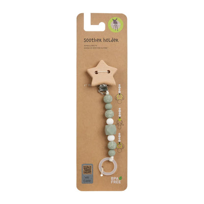 Mintgrüne Schnullerkette Little Universe von Lässig aus Holz und Silikon mit Sternanhänger in der Verpackung