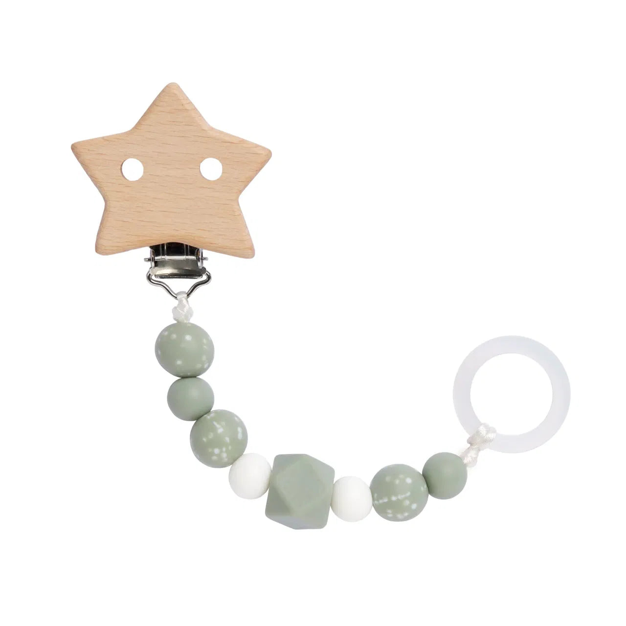 Mintgrüne Schnullerkette Little Universe von Lässig aus Holz und Silikon mit Holzstern-Clip in der Vorderansicht