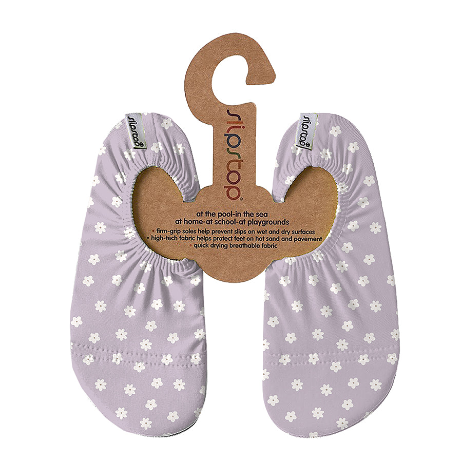 Slipstop Anti-Rutsch-Schuhe Motiv „Clara“ – lila Schwimmschuhe mit weißen Blümchen, ideal für Schwimmbad, Strand und rutschige Fliesen