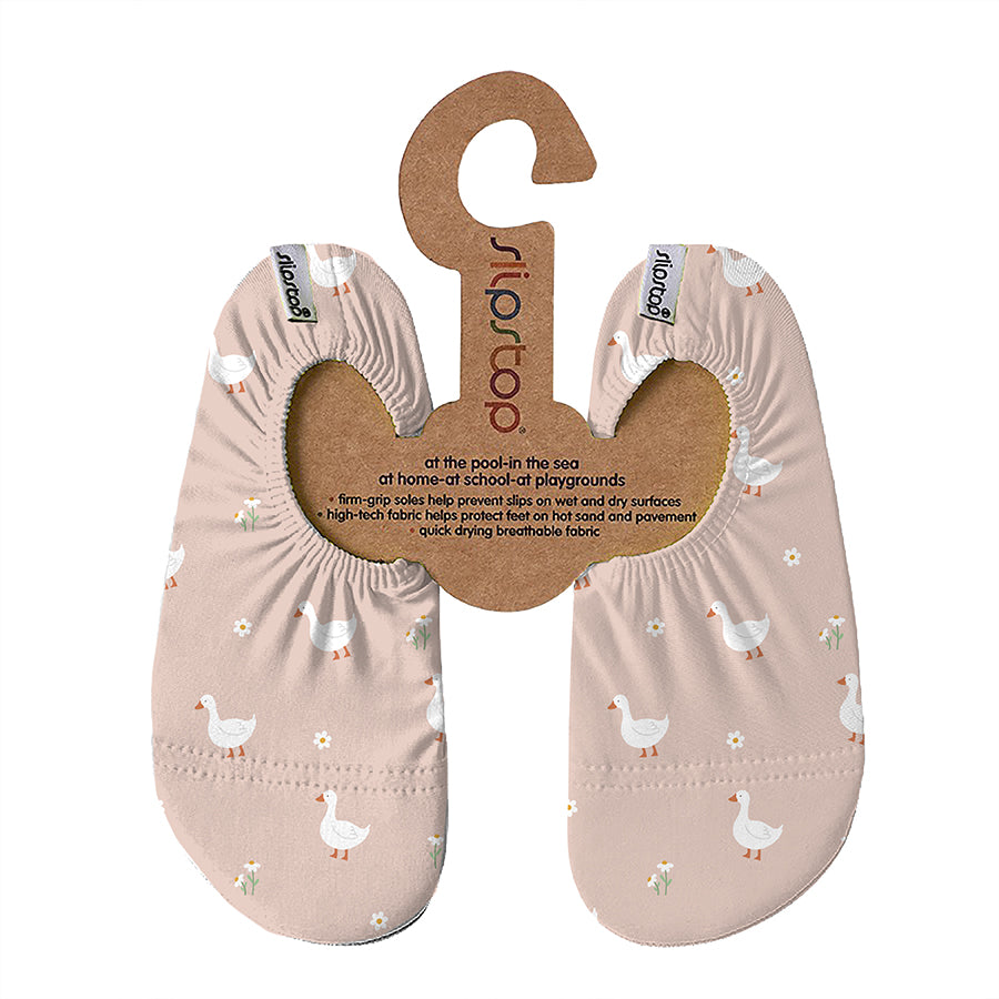 Slipstop Anti-Rutsch-Schuhe mit Gänse-Motiv – rosa Schwimmschuhe mit niedlichem Gänse- und Blumen-Print, ideal für Schwimmbad, Strand und rutschige Fliesen