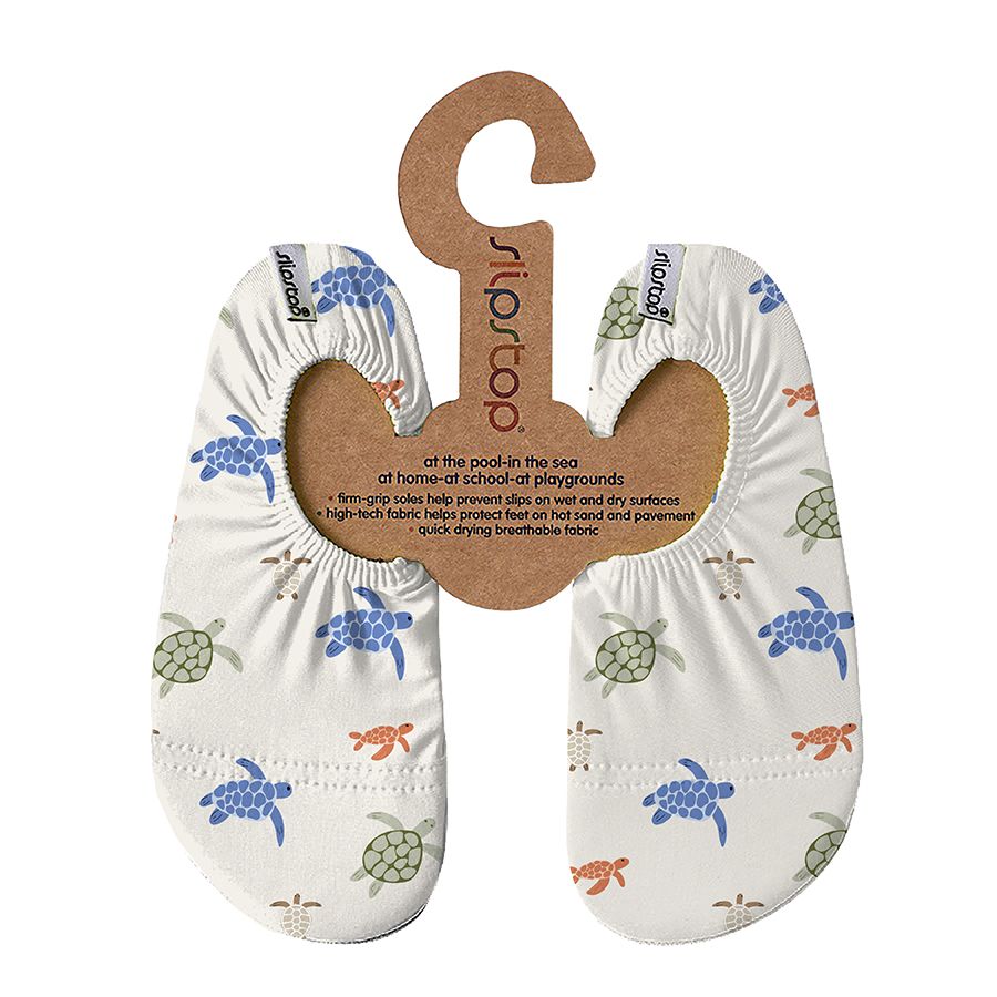 Slipstop Anti-Rutsch-Schuhe mit Schildkröten-Motiv – leichte Schwimmschuhe in Weiß mit blauen, grünen und orangen Turtles, ideal für Schwimmbad, Strand und rutschige Fliesen