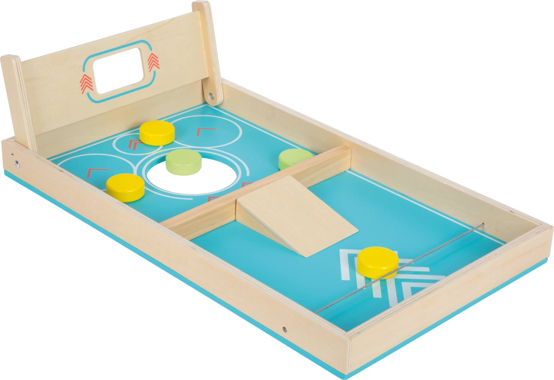 Sling-Puck-Seite des Cornhole und Sling Puck Spiels „Active" von Small Foot – Holzspielbrett mit gelben und grünen Pucks, Spannschnüren und Tor, ideales Outdoor-Spiel für Feste, Hochzeiten und zur Kinderbeschäftigung