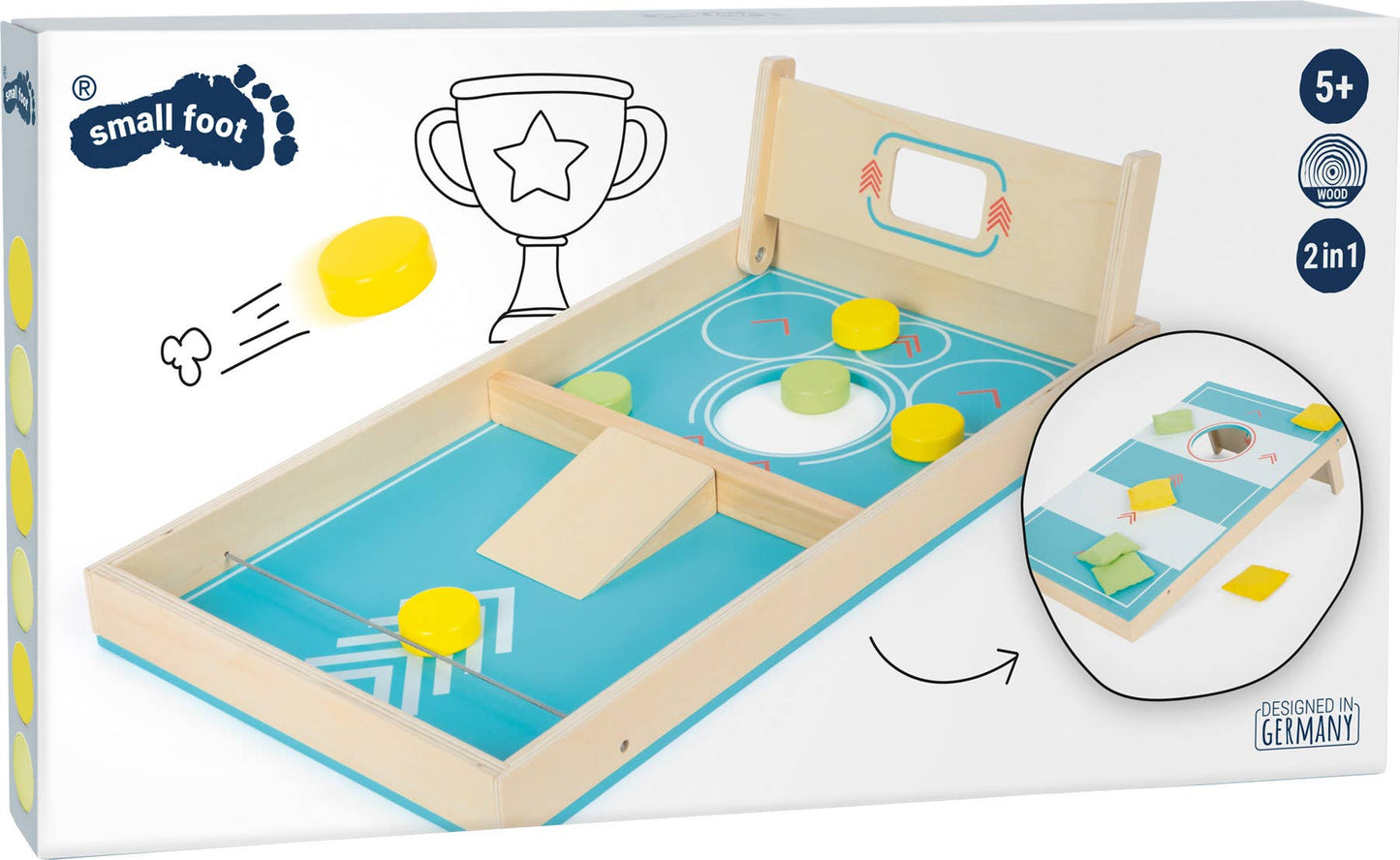 Originalverpackung des Cornhole und Sling Puck Spiels „Active" von Small Foot – 2in1-Holzspiel ab 5 Jahren, Designed in Germany, ideales Outdoor-Spiel für Feste, Hochzeiten und zur Kinderbeschäftigung