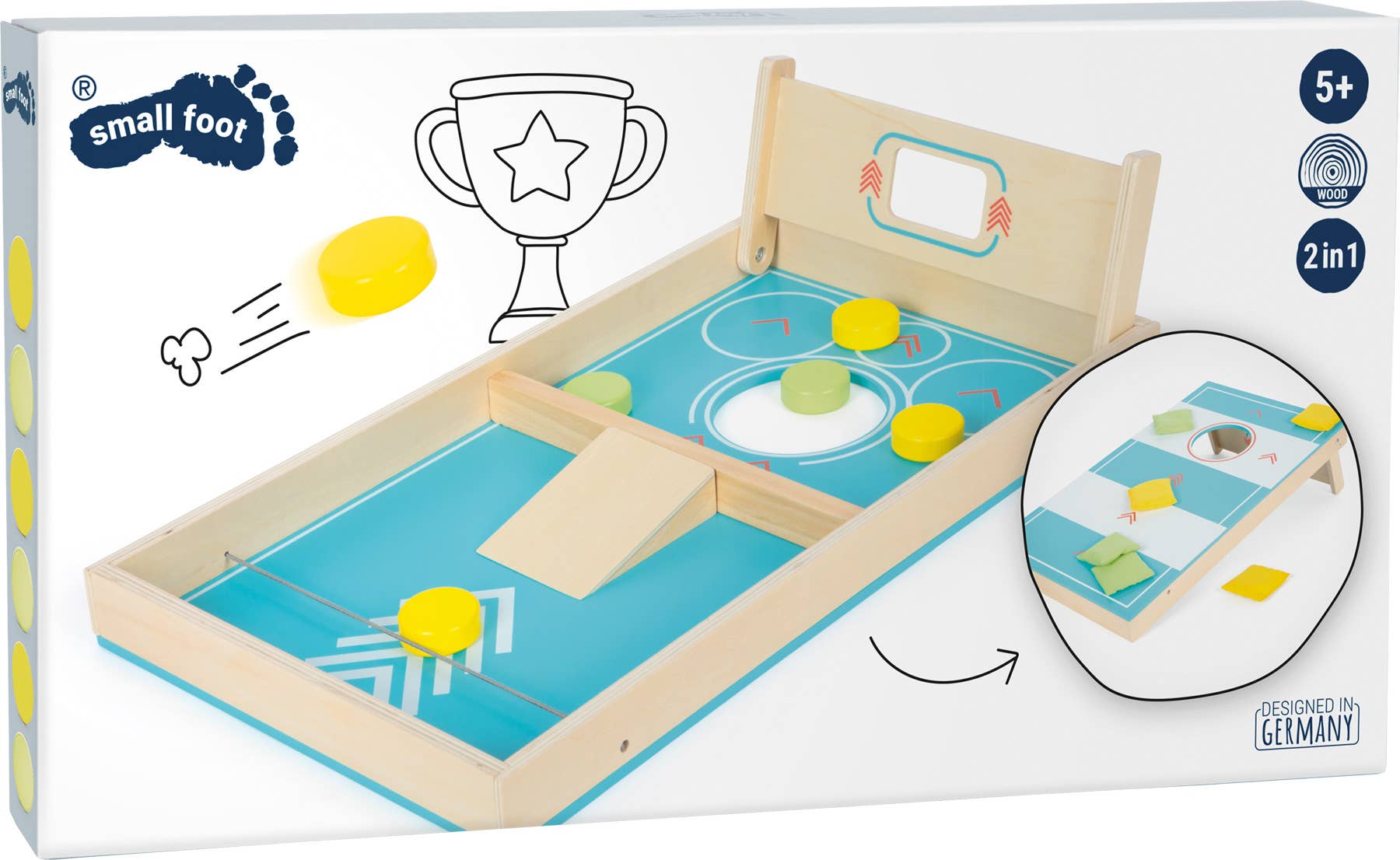 Originalverpackung des Cornhole und Sling Puck Spiels „Active" von Small Foot – 2in1-Holzspiel ab 5 Jahren, Designed in Germany, ideales Outdoor-Spiel für Feste, Hochzeiten und zur Kinderbeschäftigung